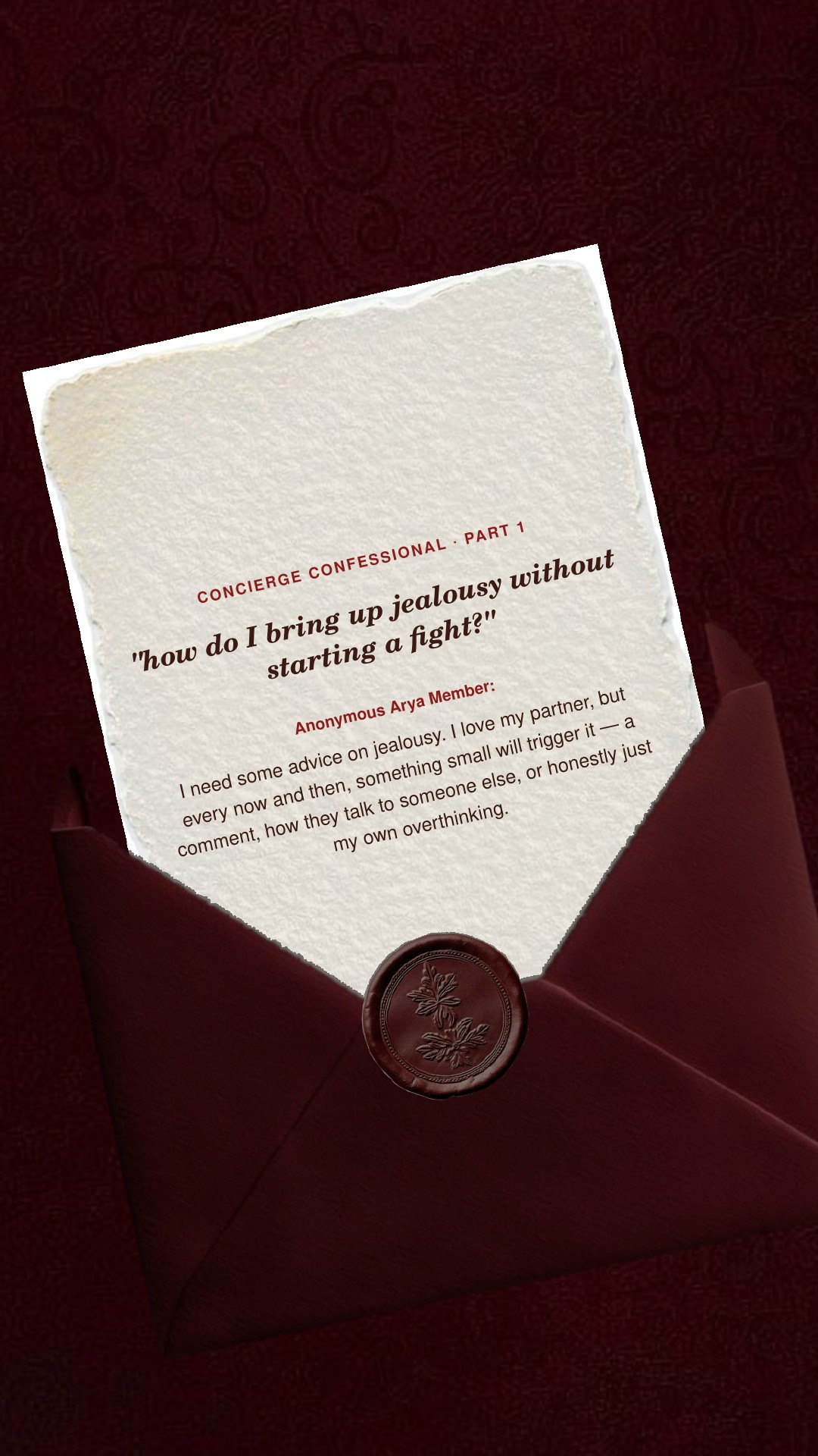 Letter-style first part of an anonymous member’s question about jealousy.
