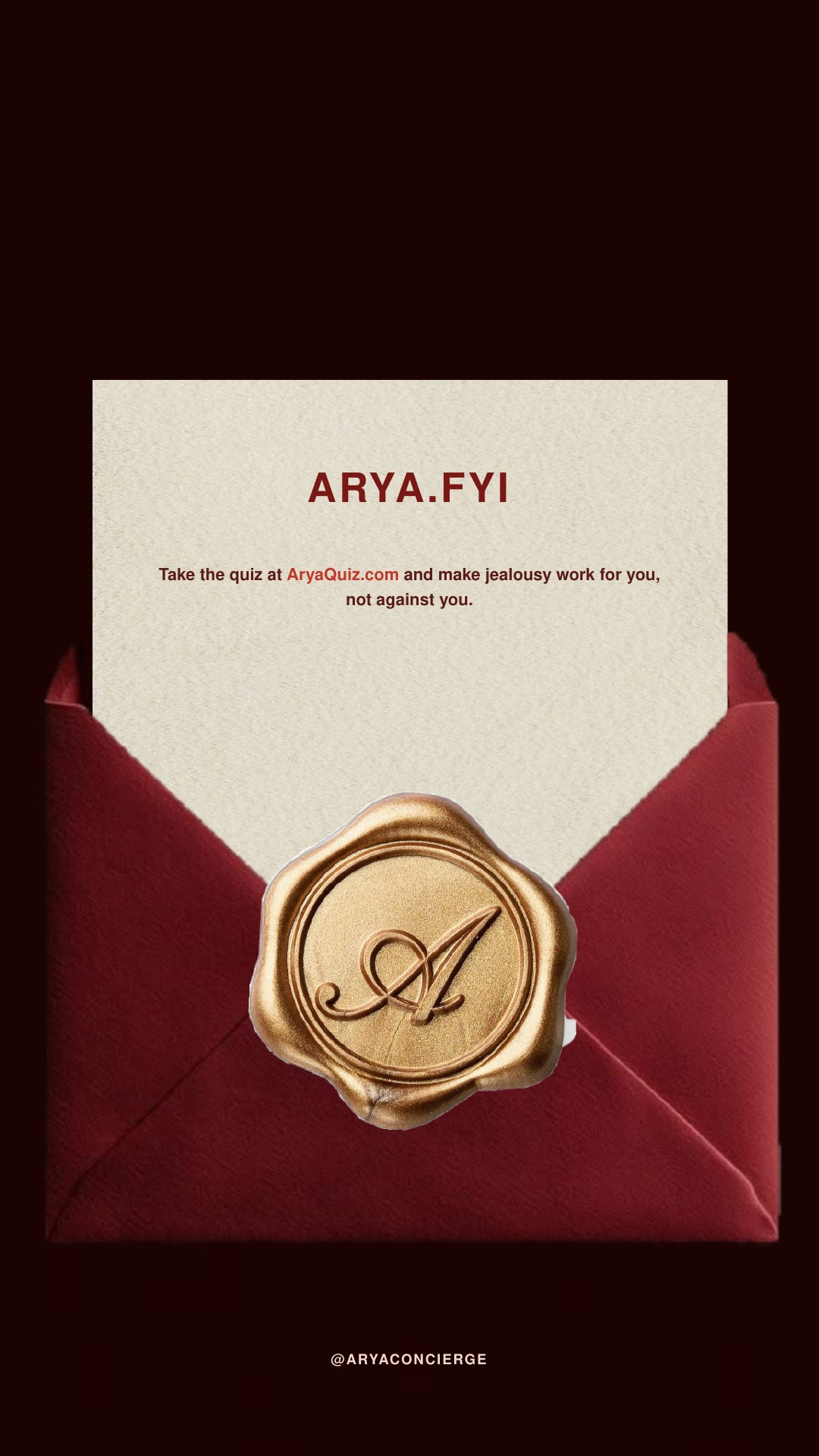 Arya quiz call to action presented as a sealed letter.