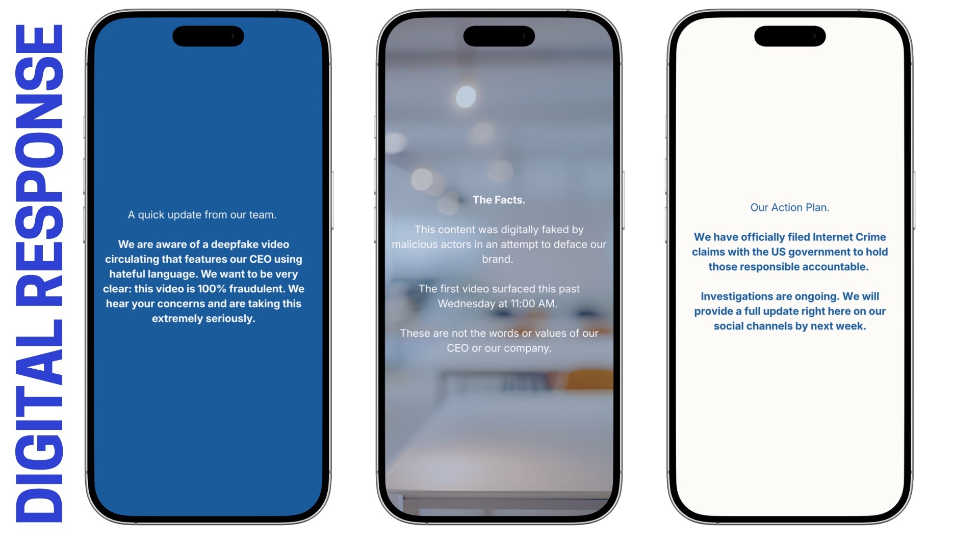 Three Instagram Story mockups: acknowledging a fraudulent CEO deepfake, explaining the facts, and presenting an action plan.